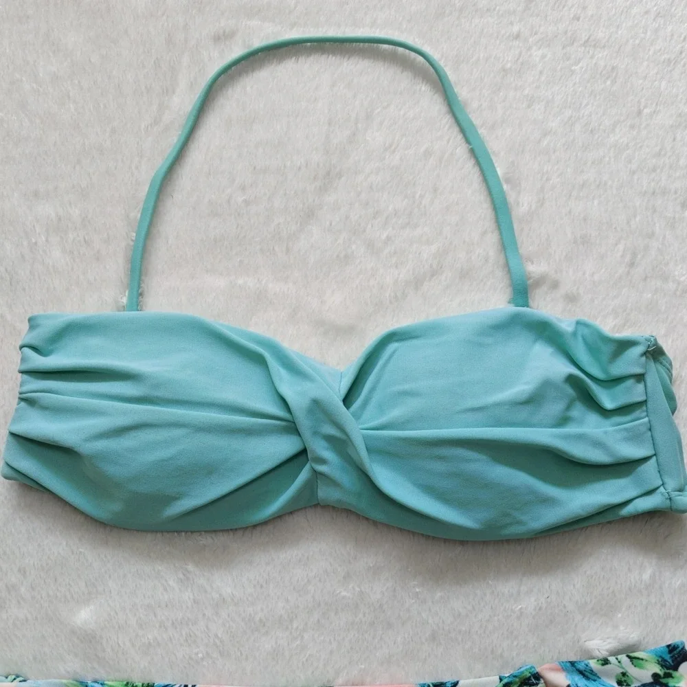 Forever‎ 21 Small Aqua Blue Bandeau Floral Swimsuit Bikini Cheeky Swimwear Set